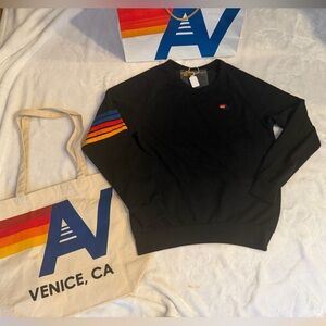 - - NWT Aviator Nation Rugby Stitch Crew Sweatshirt-Heather Black Small + Tote